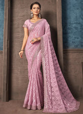 Pink Embroidered Georgette Zari Jacquard Partywear Saree